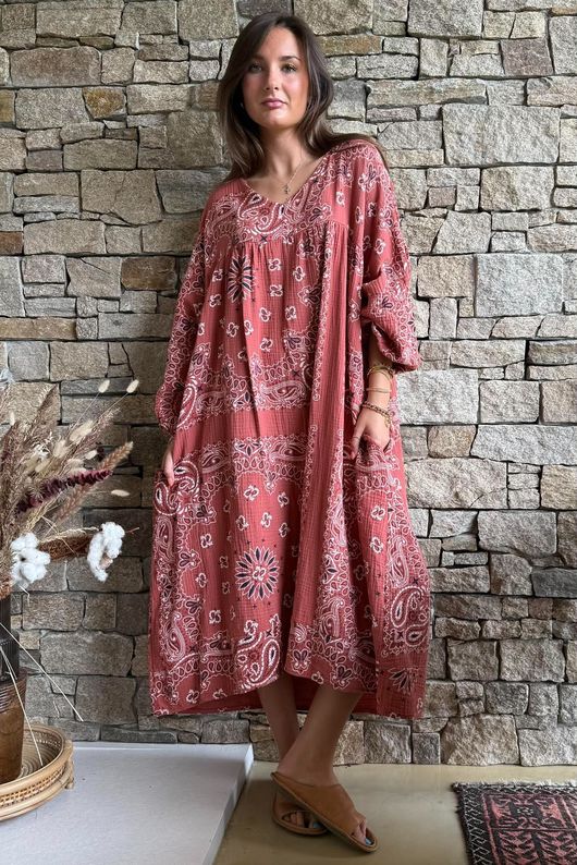 Kasbah Bubble Cotton Bandana Peasant Dress Indian Red
